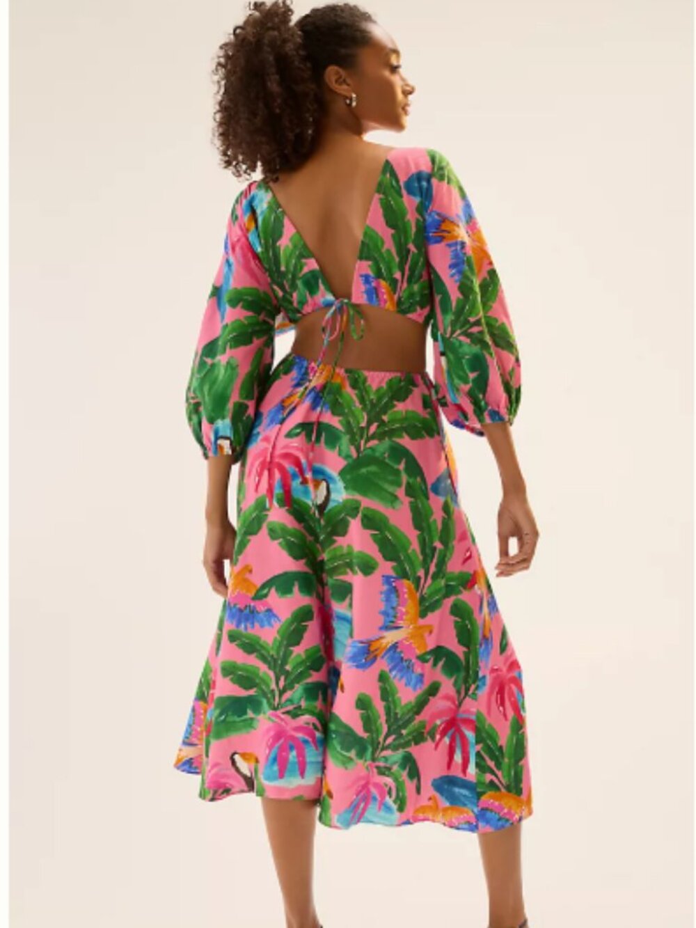 Farm Rio x Anthropologie V-Neck Cutout Dress Color Tropical Toucan Large - Picture 3 of 10